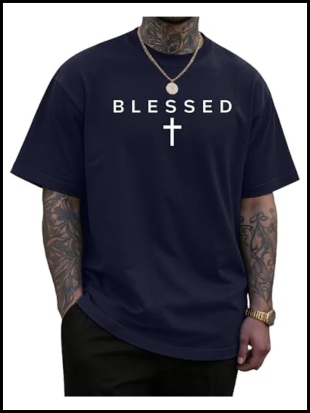 Men's 100% Cotton Blessed Cross Graphic T-Shirt Christian Faith Tee